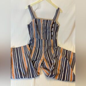 Fishbowl Women’s Sleeveless Striped Linen Wide Leg Jumpsuit Button Detail S 15